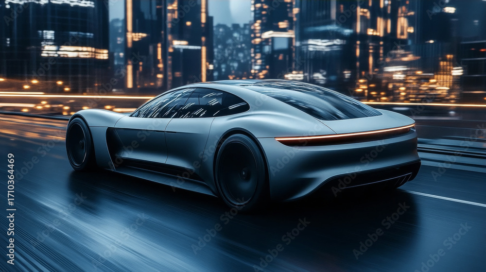 Fototapeta premium Modern Car in Motion on a City Street with Motion Blur Effect