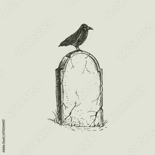 Gothic vector illustration of raven on tombstone. Hand drawn macabre sketch for halloween. Crow on gravestone. Spooky death symbol for horror design. Creepy cemetery bird icon isolated on background.