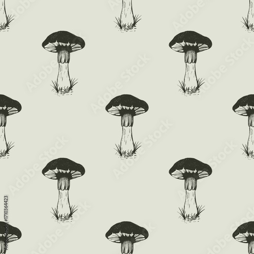Hand drawn mushroom seamless pattern. Vintage gothic toadstool sketch for witchcraft or cottagecore designs. Mystical forest fungus print for fabric. Dark academia botanical texture for wallpaper.