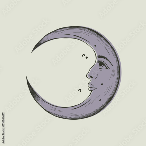 Vintage vector illustration of crescent moon with face. Hand drawn celestial symbol for witchcraft or astrology. Mystical occult sketch icon. Esoteric purple lunar element 