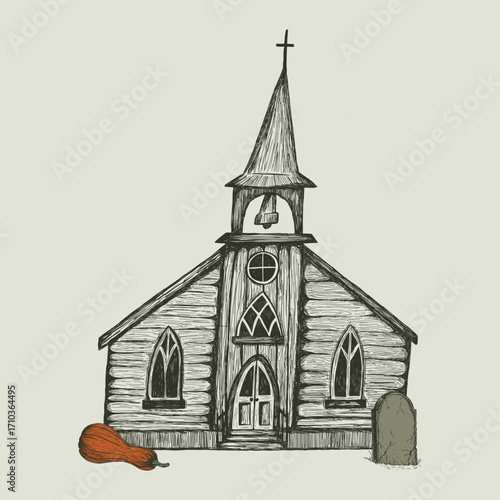 Gothic vector illustration of old wooden church with pumpkin, tombstone. Hand drawn halloween sketch. Spooky southern gothic chapel for horror design. Creepy vintage cemetery building isolated.