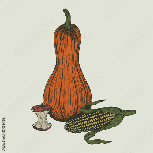 Autumn harvest vector illustration with pumpkin, corn, apple core. Vintage hand drawn food sketch for thanksgiving. Retro seasonal vegetable and fruit still life. Farm market design element isolated.