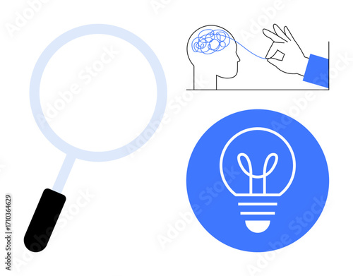 Magnifying glass, human brain sketch, hand pulling thought thread, and glowing light bulb. Ideal for problem solving, creativity, research, imagination, brainstorming innovation simple landing page