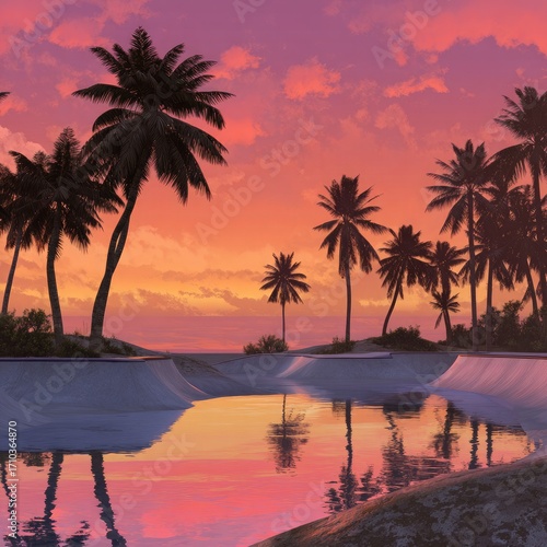 Wallpaper Mural Tropical Skatepark at Sunset with Palm Trees and Water Reflections Torontodigital.ca