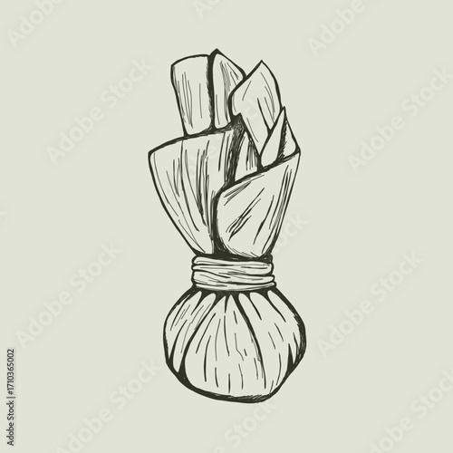 Vector illustration of a magic pouch or voodoo bag. Hand drawn sketch of a charm, amulet or herbal sachet. Also for spa compress, spice or tea bag. Witchcraft or apothecary element isolated.
