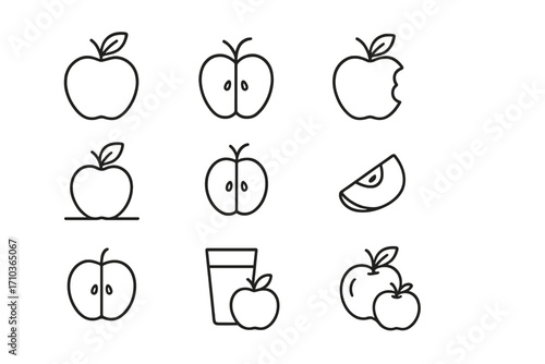 Vector apple fruit icon collection. Thin linear style symbols. Set of whole, sliced, half, bitten apple, and fresh juice glass. Healthy eating and diet concept. Editable stroke.