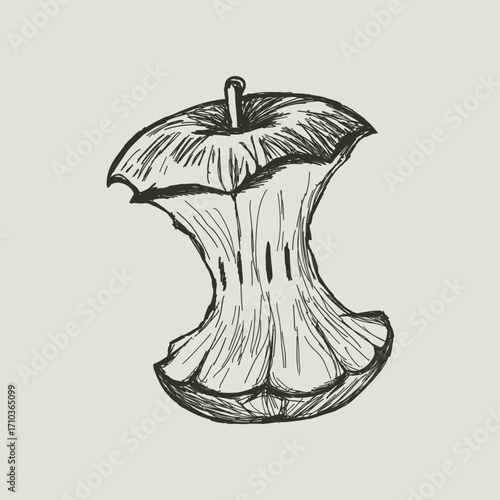 Gothic vector illustration of an apple core. Hand drawn vintage sketch of fruit waste or decay. Macabre vanitas symbol for tattoo design. Monochrome eaten apple icon isolated.