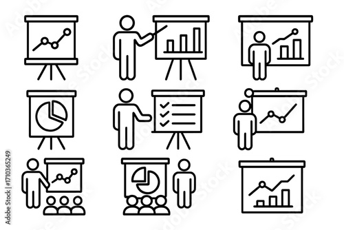 Presentation line icon set. Business seminar, data analysis, and corporate training symbols. Speaker, chart, graph, and audience vector icons for infographics. Editable stroke.