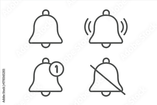 Notification bell icon set vector. Outline ringing, silent, new message alert. UI UX design element. Subscribe button concept. Alarm, reminder simple linear symbol. Editable stroke.