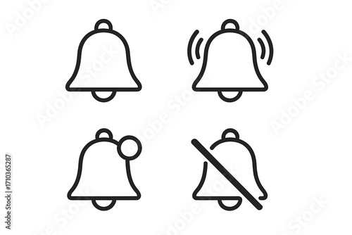 Bell notification line icon set. Ringing alarm, new message alert, and silent mute mode. Subscribe reminder symbols for web, mobile app ui, ux. Editable stroke vector.