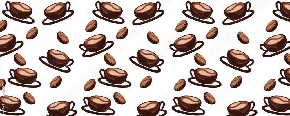 Obraz premium Seamless Coffee Cup and Beans Pattern – Vector Background Illustration.
