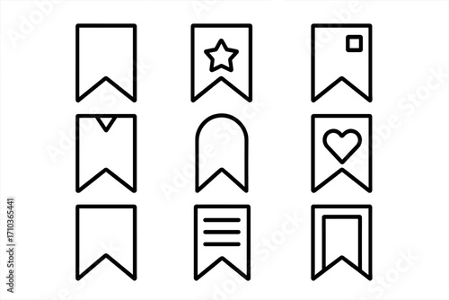 Bookmark line icon set. Save, favorite, tag, and read symbols for UI UX design. Vector collection with editable stroke. Includes heart and star icons for web and apps.