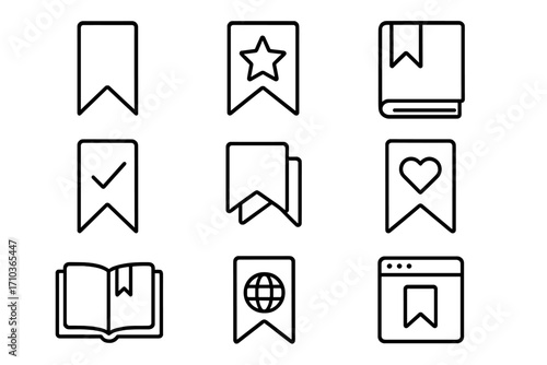 Bookmark line icon set. Save for later, favorite, and read symbols. Includes web browser, book, star, heart, and check mark icons. Vector outline pictograms with editable stroke.