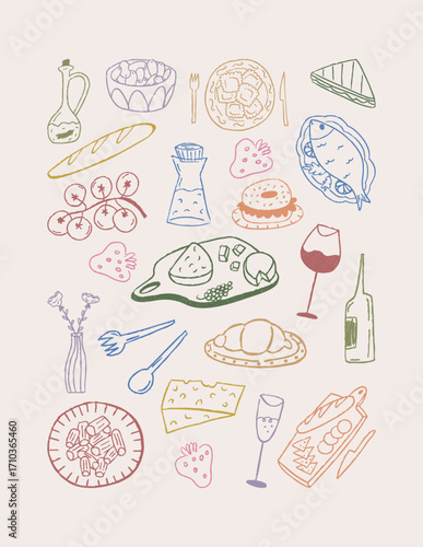 Colorful vector illustration set of cafe and restaurant food. Hand drawn doodle collection with pasta, cheese, wine. | Retro sketch icons for menu. Italian and french cuisine