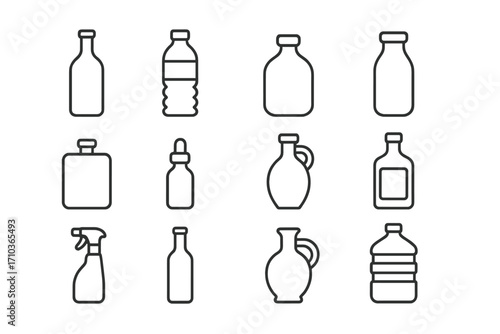 Bottle and container line icon set. Collection of various liquid packaging symbols. Includes water bottle, jug, jar, spray, and flask. Vector outline pictogram collection.