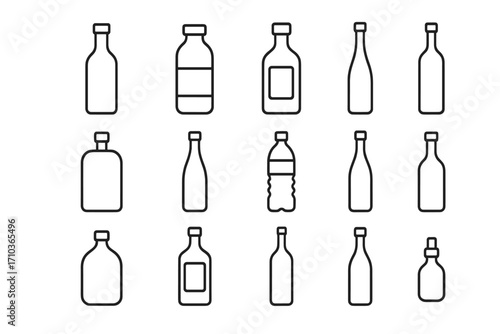 Bottle icon set. Thin line art collection of various drink containers. Vector symbols for alcohol, wine, water, beer, and beverages. Minimalist outline illustration. Editable stroke.