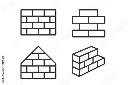 Brick wall outline icon set. Collection of simple line art symbols for construction and building. Vector masonry and brickwork illustrations with editable stroke. House shape.