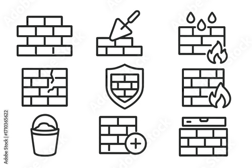 Brick wall line icon collection. Masonry and construction symbols. Building, repair, protection concept. Trowel, spirit level, fireproof, waterproof signs. Editable stroke vector set.