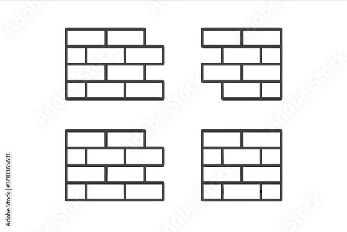 Brick wall vector line icon collection. Concepts of building, construction, barrier, obstacle, and unfinished work. Minimalist outline symbols with editable stroke for design.