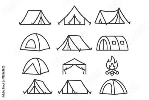 Camping and hiking icon set. Tent, campfire, shelter outline symbols. Line art vector illustration for outdoor adventure, travel, tourism. For web design, mobile app, ui, ux.