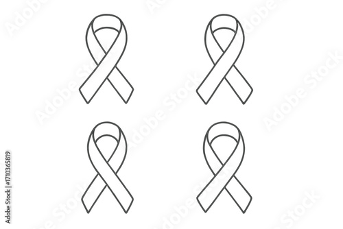 Breast cancer awareness month symbol. Pink ribbon outline icon set for support and hope. Simple line art for medical charity campaign. Health care vector illustration collection.