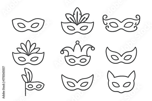 Carnival mask thin line icon set. Masquerade party outline symbols. Vector venetian ball costume collection. Mardi Gras festival illustration. Mystery disguise for holiday.