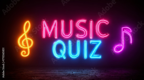 Vibrant neon music quiz sign with musical notes on dark background