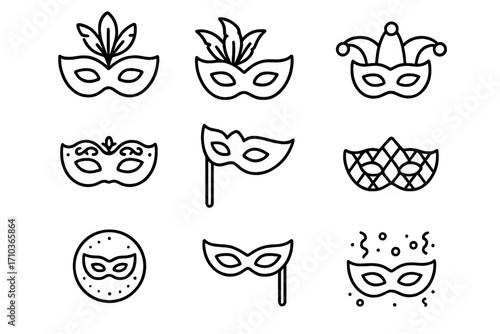 Carnival mask icon set. Masquerade party line art collection. Venetian festival, Mardi Gras celebration linear pictograms. Vector outline icons with editable stroke for UI.