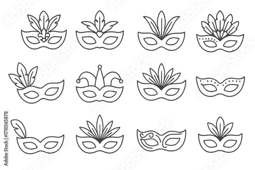 Carnival mask line icon set. Masquerade ball and festival party collection. Thin outline vector illustration with editable stroke. Venetian, Mardi Gras costume design elements.