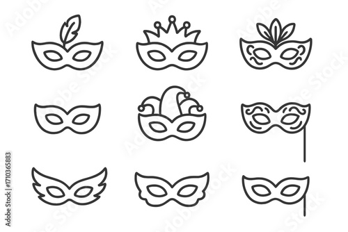 Carnival mask line icon set for masquerade ball and festival. Vector collection of party masks like venetian, jester, feather, and domino. Editable stroke outline graphic.