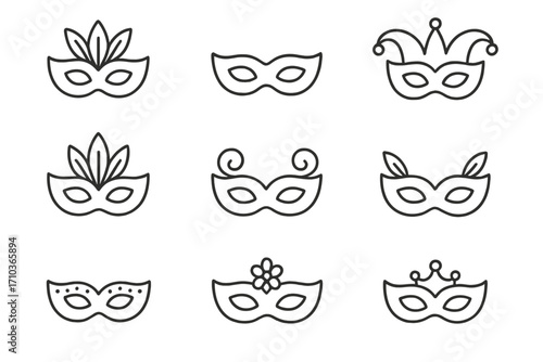 Carnival mask line icon set. Mardi Gras masquerade ball and festive party costume symbol. Vector linear pictogram collection for celebration, theater, and show. Editable stroke.