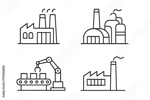 Factory and industry thin line icon set. Vector symbols for manufacturing, production, power plant, refinery, robotic arm, conveyor belt, automation and assembly line.