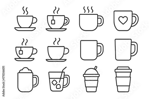 Coffee and tea line icon set. Vector collection of hot and cold beverage symbols. Includes cup, mug, espresso, latte, iced drink and takeaway cup. Editable stroke pictogram pack.