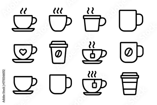 Coffee and tea line icon set. Hot drink, beverage, mug, cafe symbols. Vector outline icons for web, menu, and apps. Editable stroke. Espresso, cappuccino, takeaway cup.
