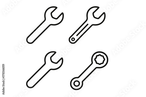 Wrench line icon set. Spanner, repair tool symbol. Settings, maintenance, service pictogram collection. Mechanic, industrial, technical work concept. Vector outline illustration.