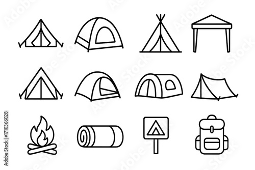 Camping icon set. Tent, campfire, backpack, sleeping bag line icons. Outdoor adventure and hiking equipment symbols. Vector outline signs for graphic design, web, apps.