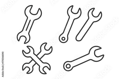 Wrench line icon set. Spanner, repair tool pictogram bundle. Editable stroke. Minimal linear vector illustration for mechanics, plumbing, maintenance and settings symbols.