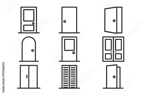 Door icon set. Thin line vector icons for web and apps. House entrance and exit symbols. Open, closed, and front doors collection. Editable stroke. Simple architecture graphic.