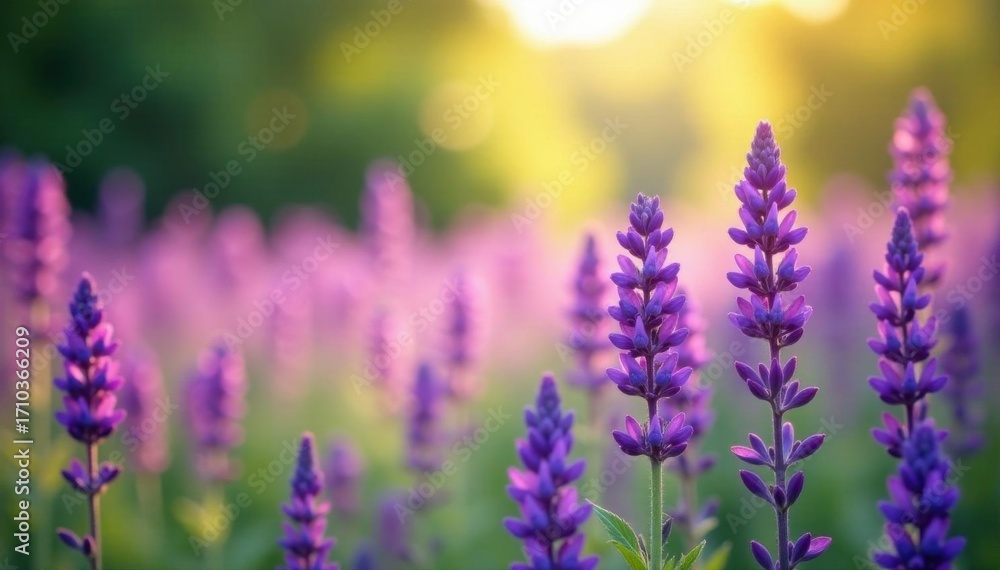 Obraz premium Vast purple salvia field, blurred summer bokeh , plantation, meadow