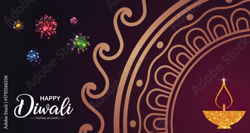 Happy Diwali 2025 celebration with golden diya, fireworks and mandala decoration