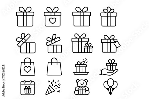 Gift and celebration line icon set. Present, birthday, holiday, surprise concepts. Vector outline icons of gift box, ribbon, party popper, balloon, calendar, teddy bear for web. Editable stroke.