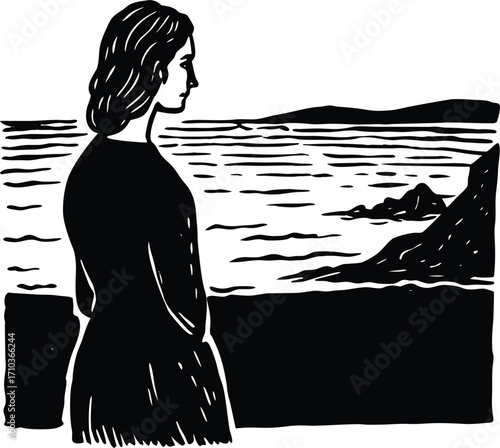 Beautiful fashion illustration of a pregnant woman silhouette with a child and a flower on the beach