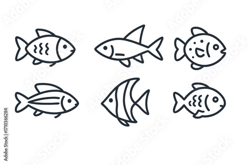Fish icon set collection in a modern simple outline style. Linear vector symbols of aquatic animals. Pictograms for seafood restaurant menu, fishing logo or web design element.