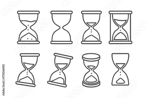 Hourglass line icon set. Sandglass timer symbol collection. Concept of time management, deadline, waiting, countdown, history. Sand clock simple isolated vector illustration.