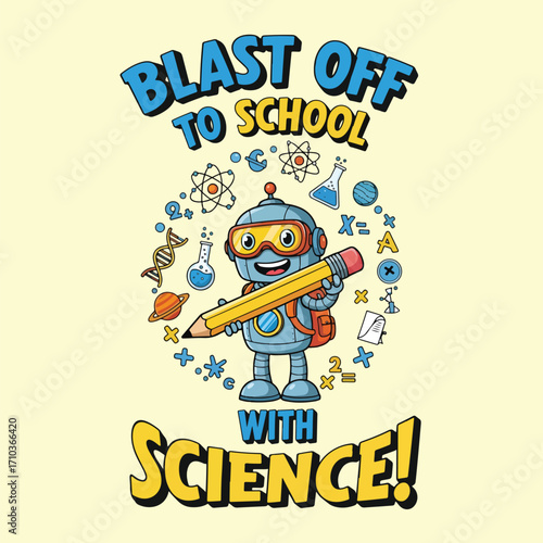 Cartoon robot holding pencil surrounded by school and scientific elements art halloween tshirt design