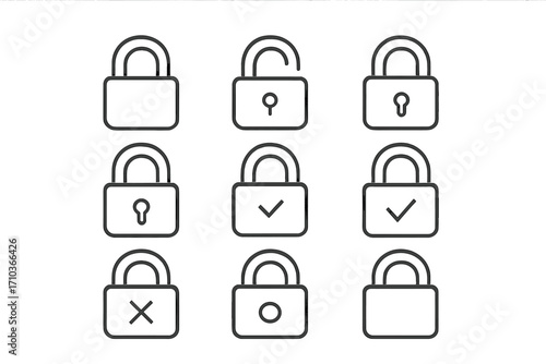 Padlock thin line icon collection. Locked and unlocked security symbols. Minimal pictogram set for web design, UI, app. Access, password, privacy, protection concept.