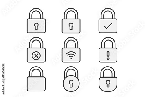 Padlock line icons set. Security, safety, and data protection concept. Symbols for password access, privacy, lock, unlock, wifi. Minimal vector pictogram collection for web design.