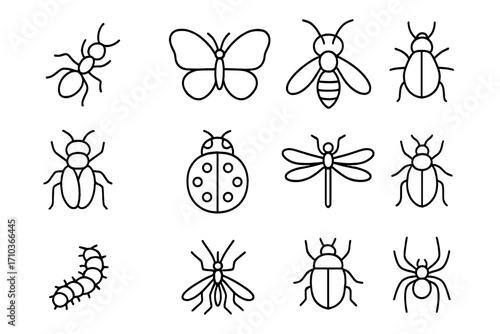Insect icon set. Line art collection of bugs, butterfly, bee, ant, ladybug, spider, mosquito. Simple outline animal pictogram. Editable stroke vector illustration symbol.