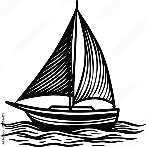 Vector icon of a nautical vessel on the water, a sailboat or a yacht with a large sail, a perfect silhouette for a marine travel illustration
