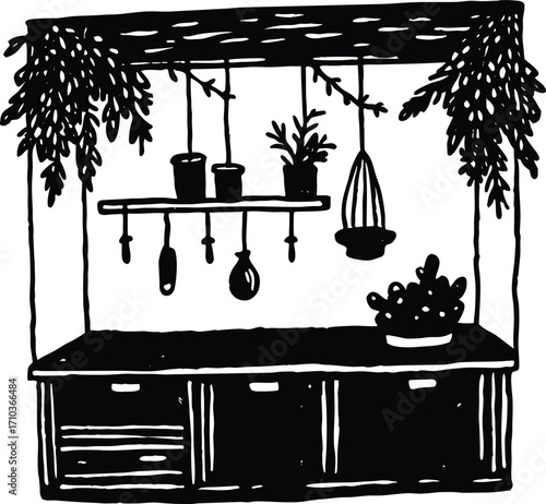 Antique and retro furniture set vector illustration of a vintage kitchen interior with a wooden cupboard and mirror decoration